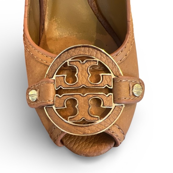 Tory Burch Selma Peep Toe Wedge in Brown Tan Tumbled Leather Women's Size 7.5 - Picture 2 of 14